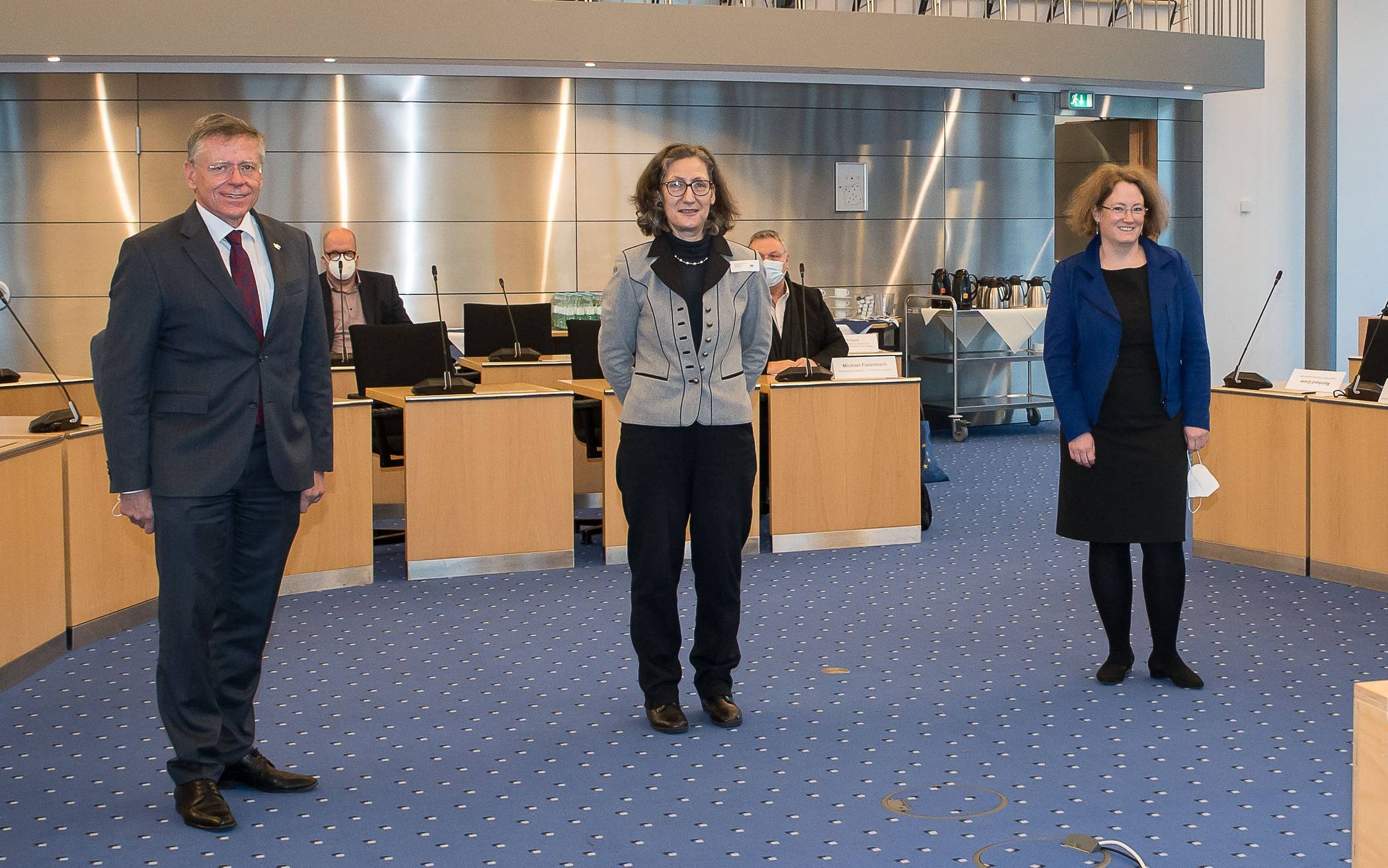  Die Euregio Rhein-Maas-Nord im Blickpunkt (von links): Landrat Hans-Jürgen Petrauschke, Ruth Harte, Maike Hajjoubi und Martijn Spaargaren im Kreishaus Grevenbroich. 