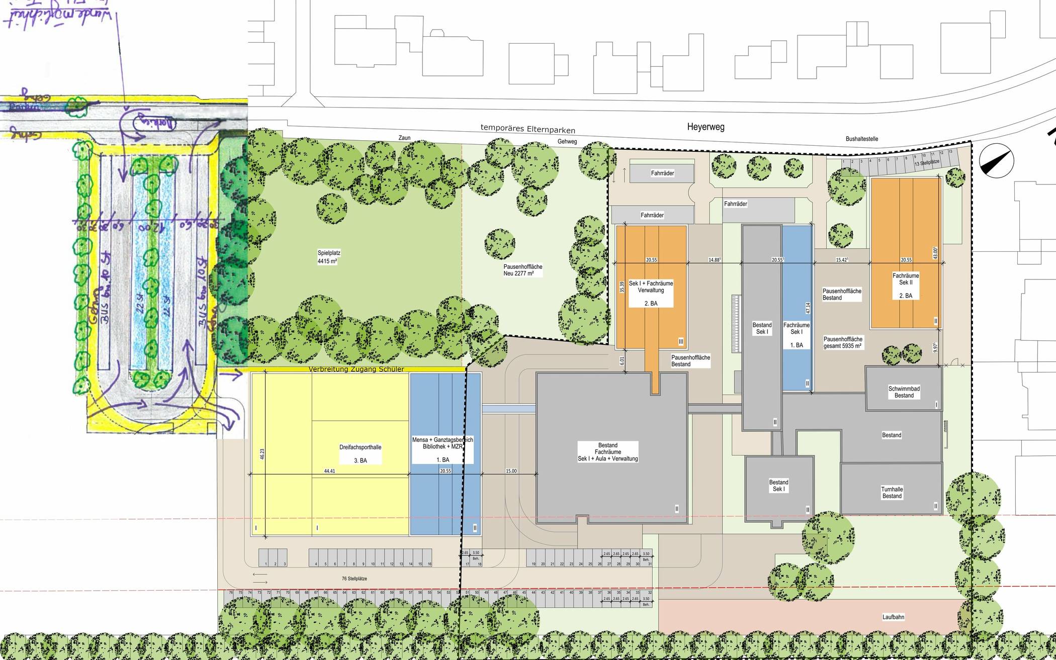  Der Planentwurf für die dritte Gesamtschule mit der handschriftlichen Ergänzung der Buswendeschleife. 