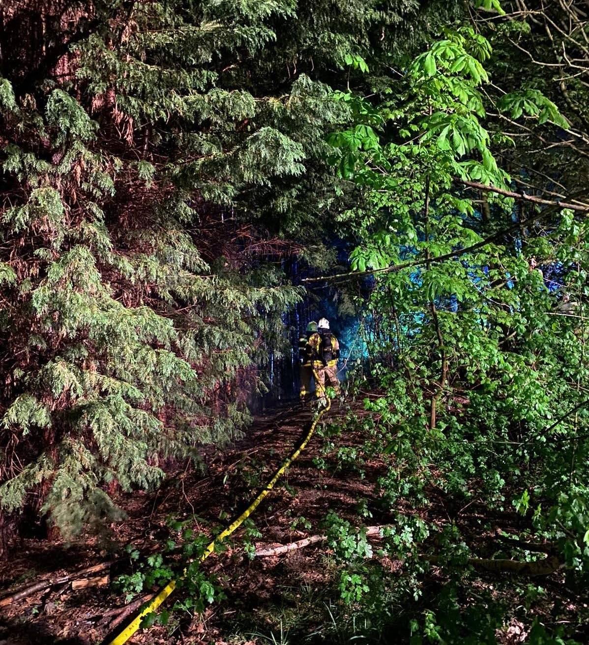  Die Nachlöscharbeiten, in deren Verlauf die Einsatzkräfte sowohl Bäume und Gestrüpp als auch den Boden ausgiebig wässerten, dauerten allerdings noch bis gegen 1 Uhr am frühen Samstagmorgen. 