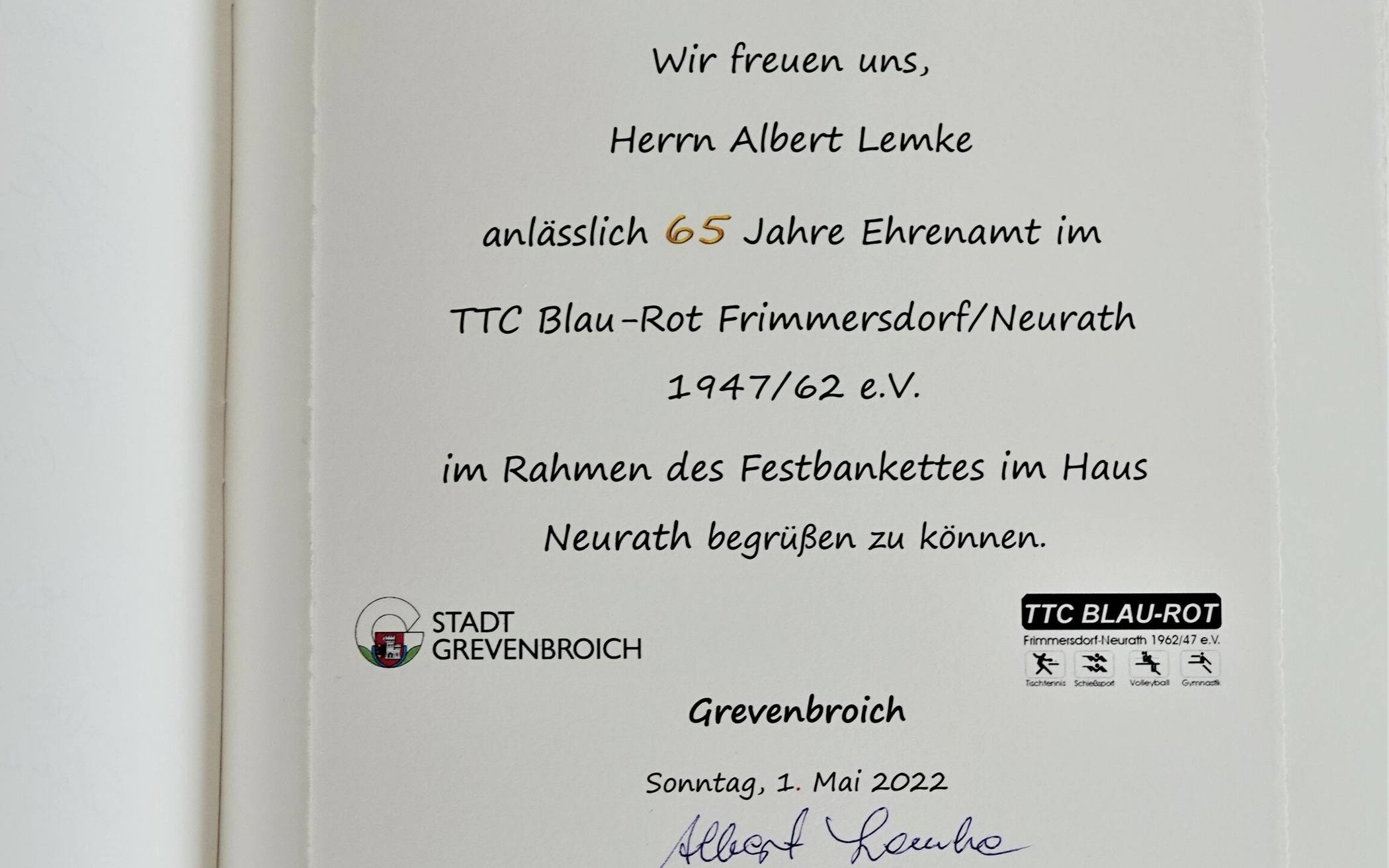 TTC Blau-Rot Frimmersdorf-Neurath ehrt Ehrenvorsitzenden Albert Lemke