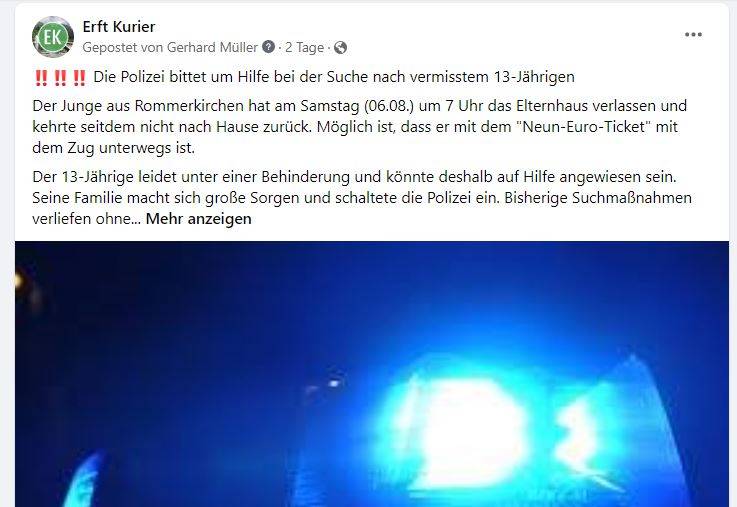 Fahndungsaufruf des Erft-Kurier auf seiner „facebook“-Seite.