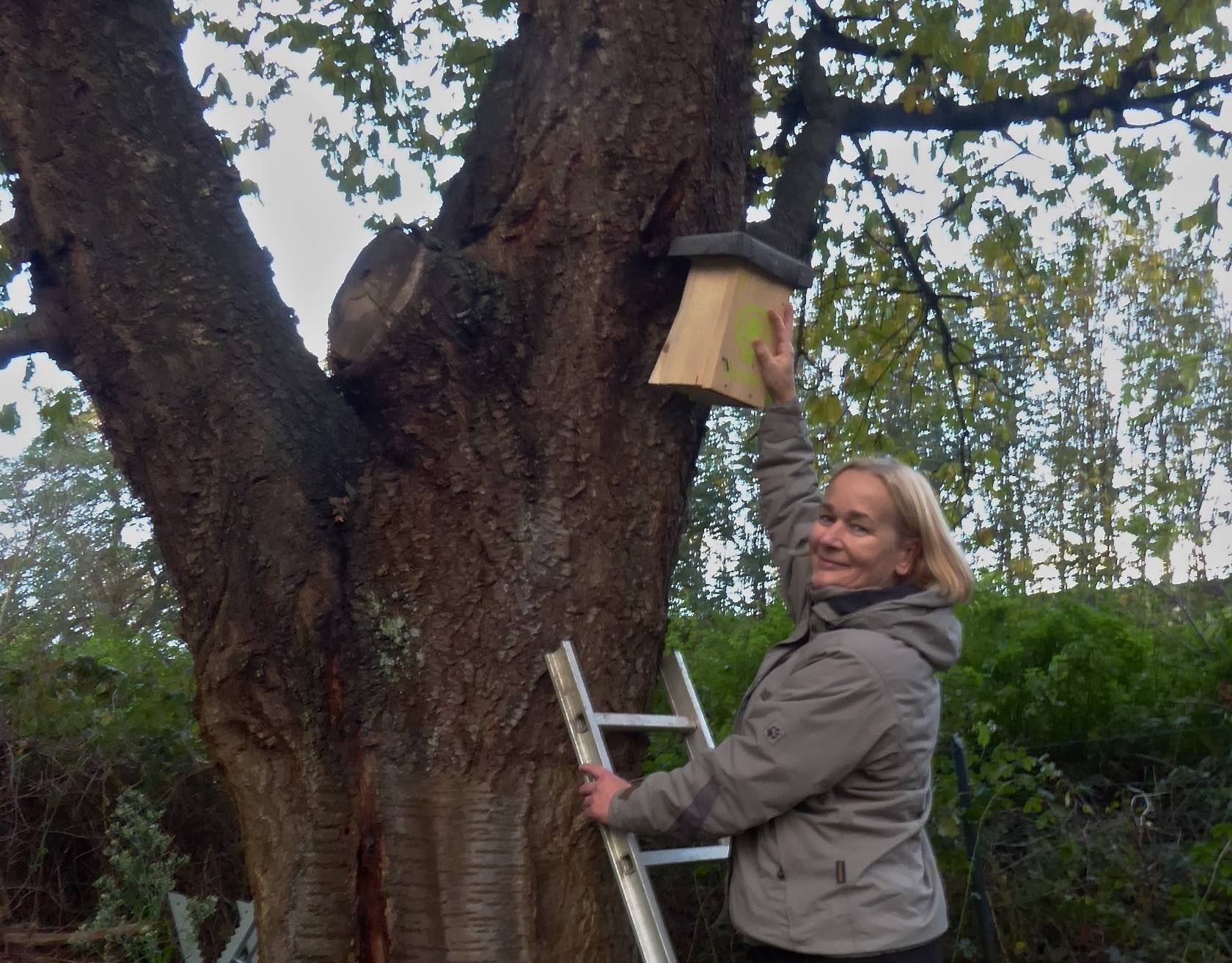 Simon O. in ihrem Haselmaus-Garten mit dem neuen Schlafmauskasten des BUND.   