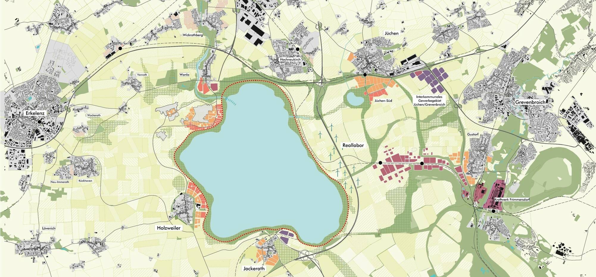  Nach Beendigung des aktiven Tagebaus Garzweiler soll ab Mitte der 2030er Jahre in der Region einer der größten Seen Nordrhein-Westfalens entstehen.  