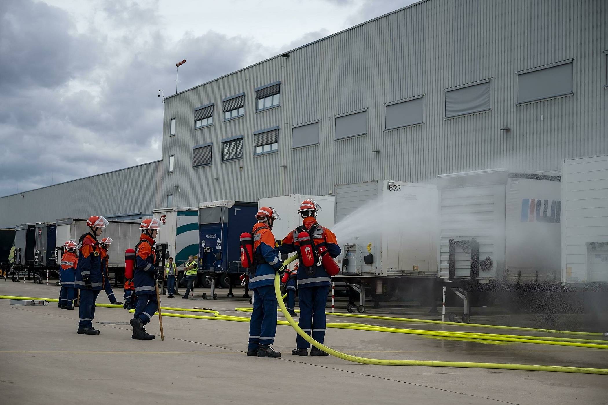 Direkt beim ersten Einsatz, einem „Hallenbrand“ bei „3M“, waren alle Einsatzkräfte gefordert.  