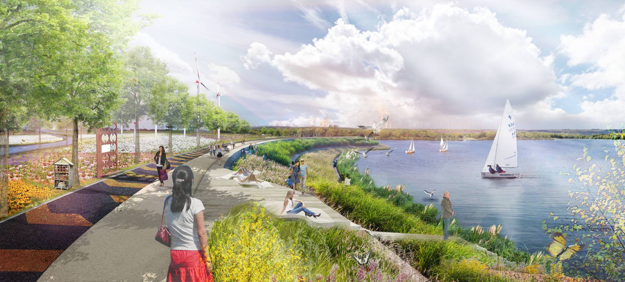  Noch sind es einige Jahre, aber ab 2035 soll in der Tagebaulandschaft einer er größten Binnenseen Deutschlands entstehen. Das gesamte Ostufer wird sich auf Jüchener Stadtgebiet befinden.  Illustration: LAND Germany  