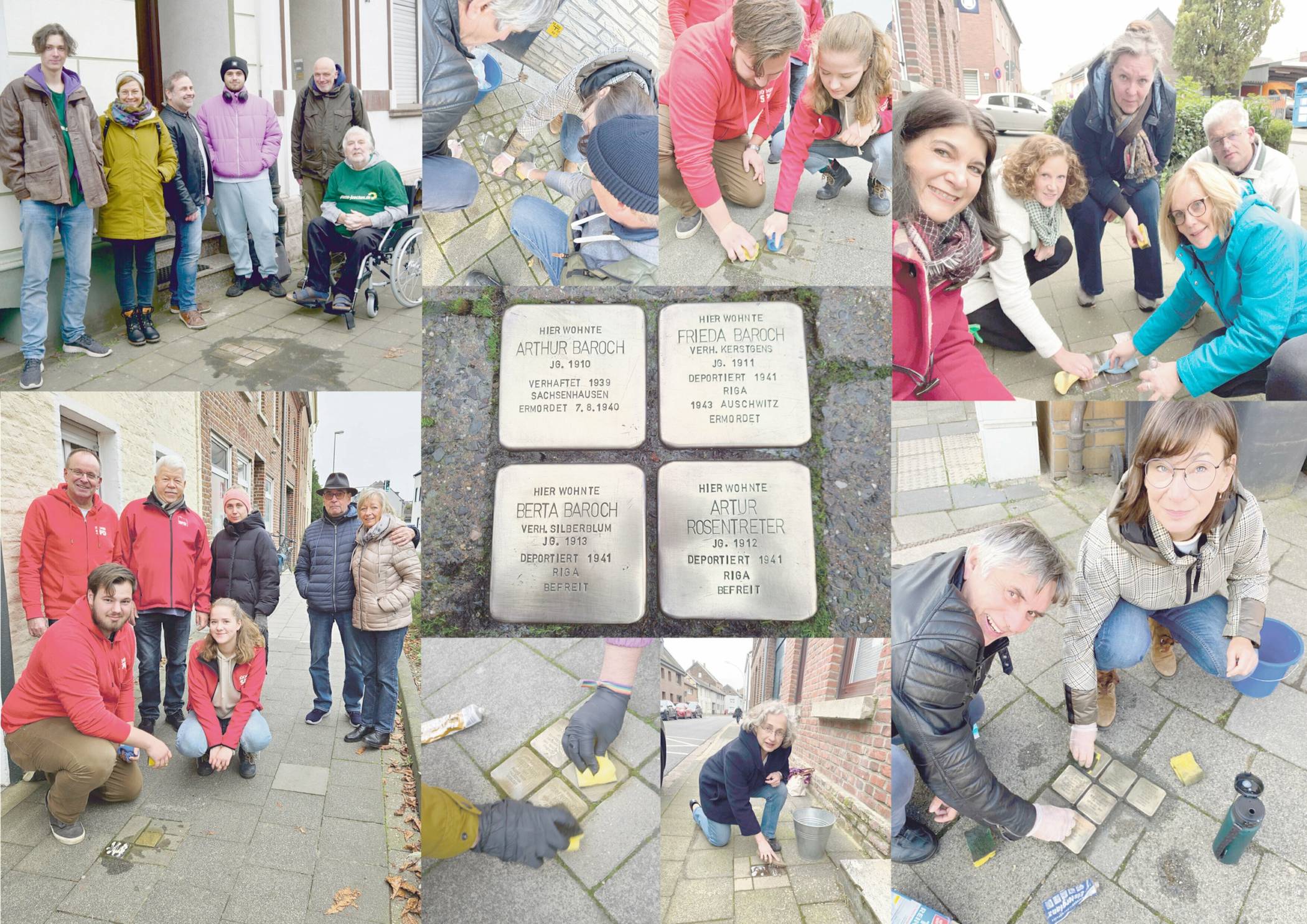  Vertreter der fünf Parteien bei der Reinigung der Stolpersteine in Jüchen.  