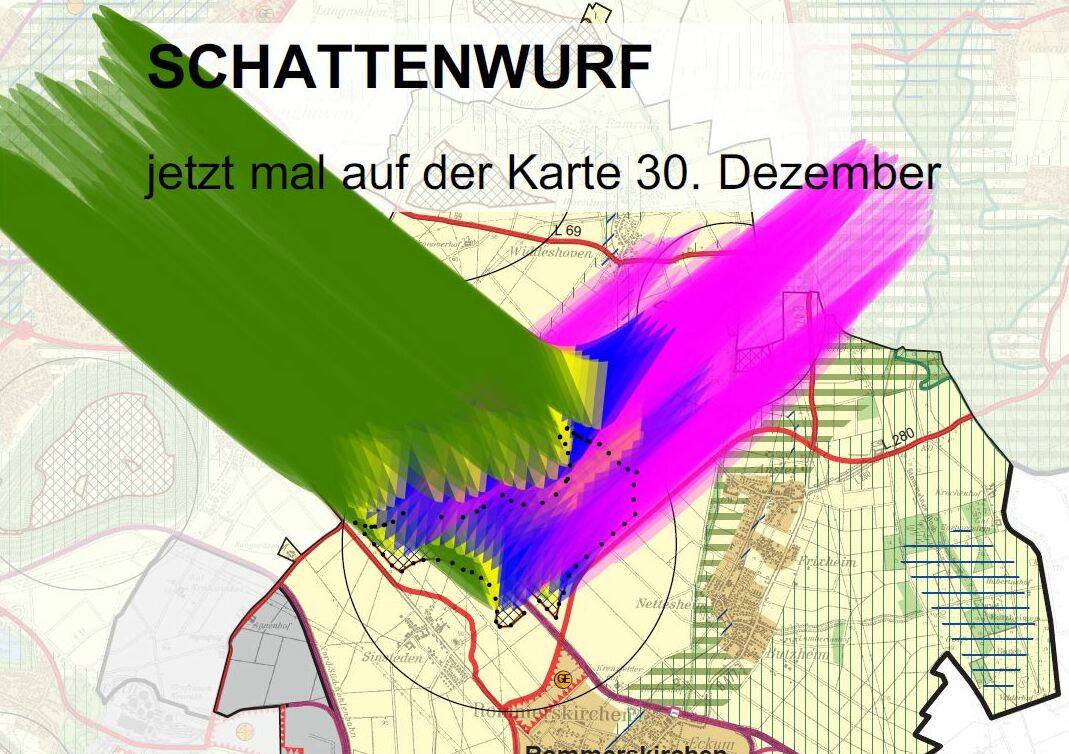  Im Dezember ist aufgrund der tief stehenden Sonne der Schattenwurf am größten. Hier wird gezeigt, wie sich die laut Regionalplan vorgesehenen Windkraftanlagen im Murental auswirken würden. Oekoven, Deelen und Ückinghoven verschwinden komplett im „Morgen-Schatten“ (gelb und grün). 