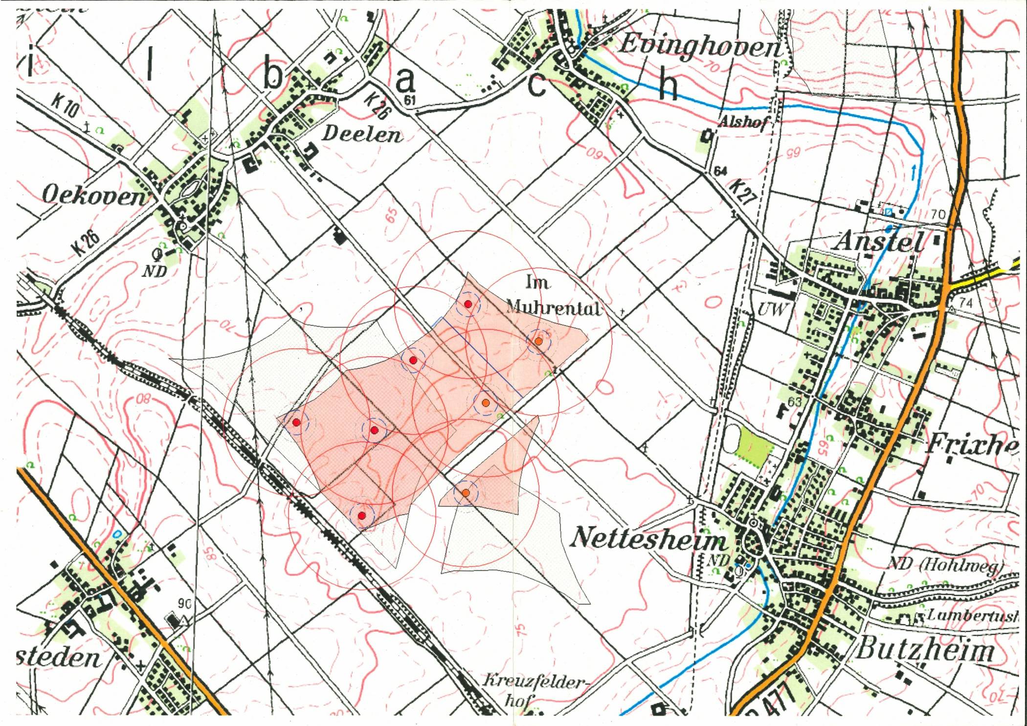  Die CDU will die geplanten Windenergiebereiche auch in Rommerskirchen. Im welchem Umfang und wo ist allerdings noch nicht bekannt. Die Skizze zeigt das „Mu(h)rental“. 