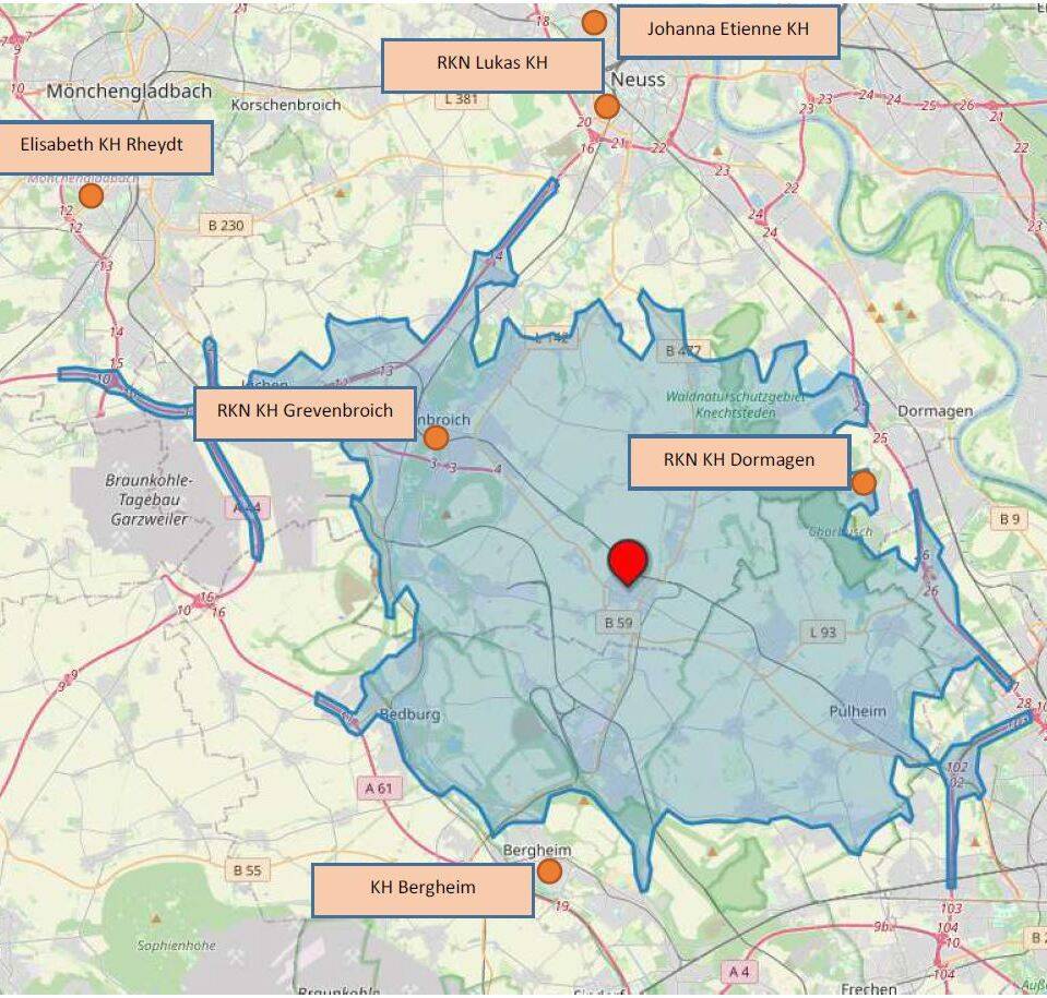 Die Zeit-Isochrone für einen Unfall mitten