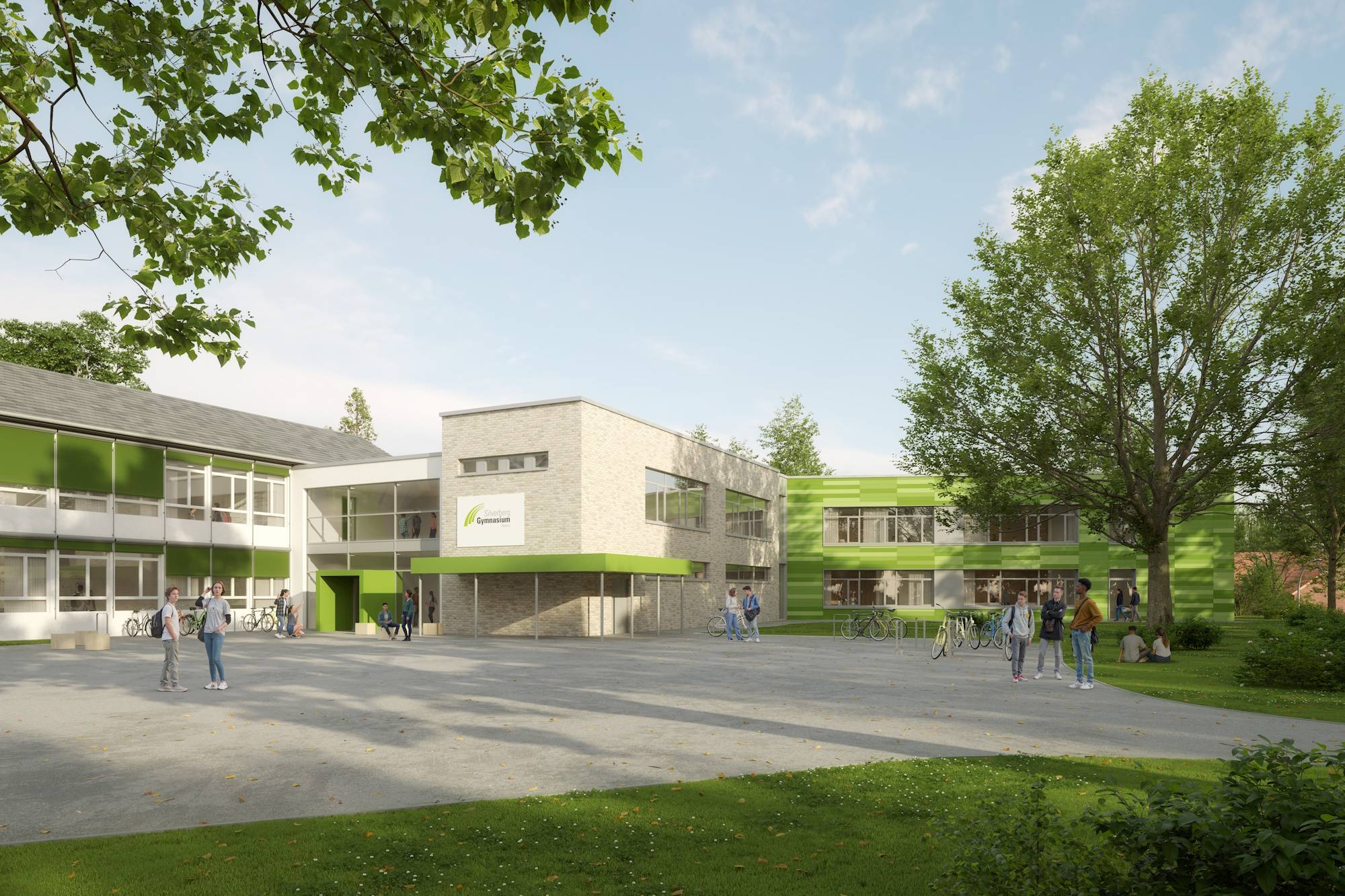 Die Erweiterung des Silverberg-Gymnasiums bietet neun neue Klassenräume, offene Lernbereiche, einen Aufzug sowie einen großzügigen Multifunktionsraum, der durch eine mobile Trennwand flexibel in zwei Klassenzimmer unterteilt werden kann.