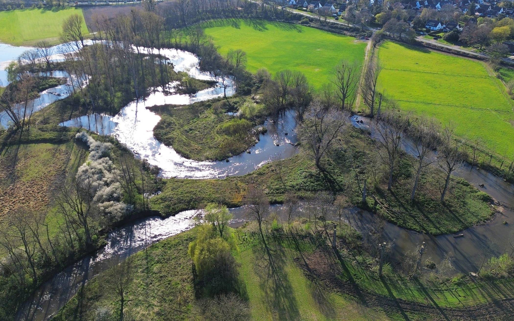  Impressionen einer zukünftigen Erft: Die Wasserschleifen schimmern in der untergehenden Sonne. 