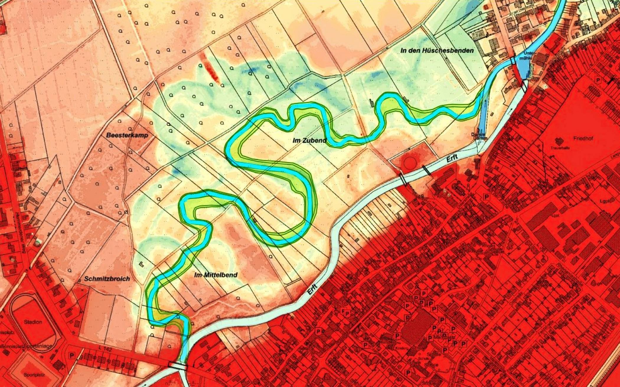  Das linke Bild zeigt den Bereich mit den Höhenmetern (je dunkler umso höher) und mit dem angedachten Verlauf der „neuen Erft“. 