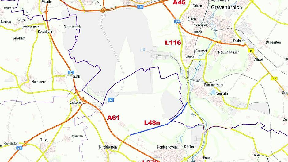  Die L 48 n ist blau eingezeichnet. Sie würde — recht nutzlos — durch rekultivierte Landschaften führen, während die L 116 unter dem zunehmenden Verkehr ächzt. Oben: Die CDU-Spitzen aus Bedburg und Grevenbroich. 