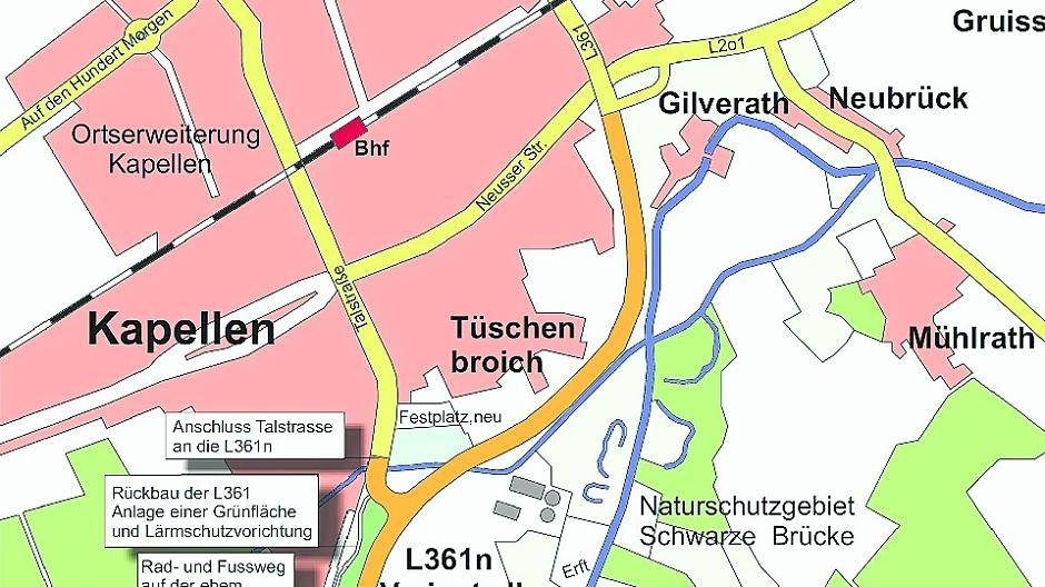  Auf die Skizze machte in dieser Woche die Bürger-Initiative „pro O“ noch mal aufmerksam. Sie findet das Engagement der neuen „facebook“-Gruppe, eine Alternative für die L 361 n zu suchen, ja aller Ehren wert. Allerdings seien alle Vorschläge bereits durchgefallen: „Die hier propagierte ‚Westumgehung 2.0’ wurde bereits im Jahr 2000 vom Planungsausschuss der Stadt Grevenbroich verworfen“, erläutert Leo  