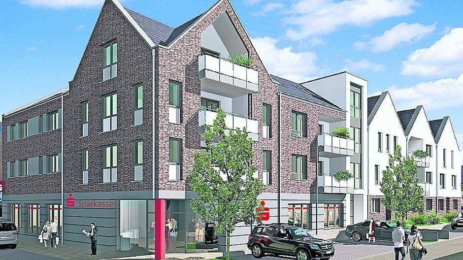  So soll der neue Gebäudekomplex an der Kölner Straße in Jüchen ab Juli aussehen. Dabei wird die Sparkasse ins Erdgeschoss einziehen. 
