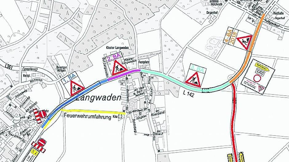  Die Bauabschnitte: Mit Blau (bis kurz vors Kloster) wird begonnen. Es folgen Violett (bis zur Dorfstraße) und Türkis (ab Dorfstraße bis Zufahrt nach Ramrath). Braun soll im kommenden Jahr den Abschluss der Arbeiten bringen.  
