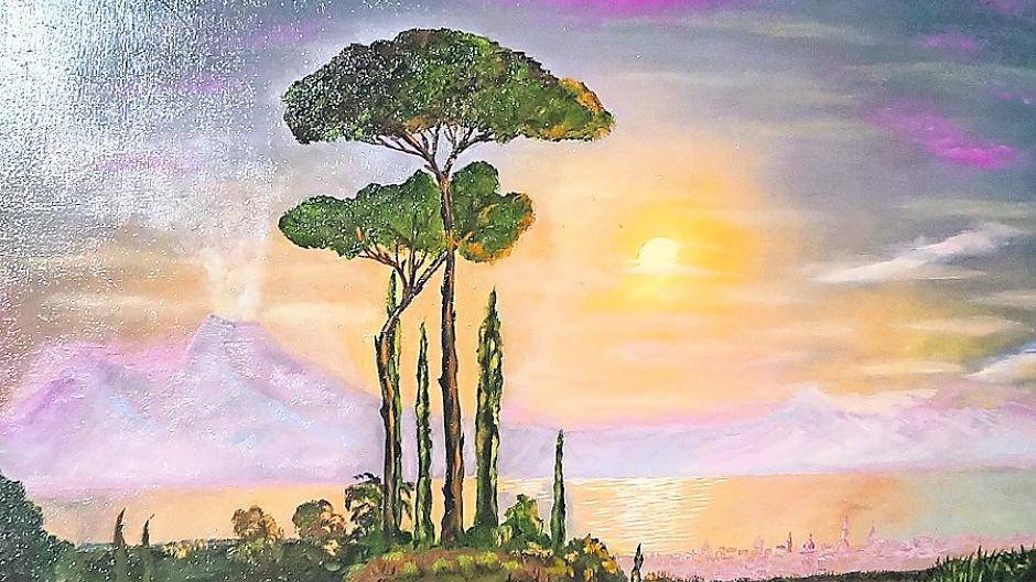  Die Winter-Ausstellung bietet eime breite Vielfalt unterschiedlichster Kunstformen. Unter anderem diese italienische Landschaft in Öl. Oben lauschen Martha Reiter und Peter Reich gedankenverloren den Klängen von „Gana Devata“ (links). Starke Männerhände erzeugen auf ihren Handpans sanfte Musik zum Entschleunigen, Träumen und Meditieren. Eine gelungene Eröffnungsveranstaltung zu einer in der Tat gelungenen Ausstellung im Rommerskirchener Rathaus. 