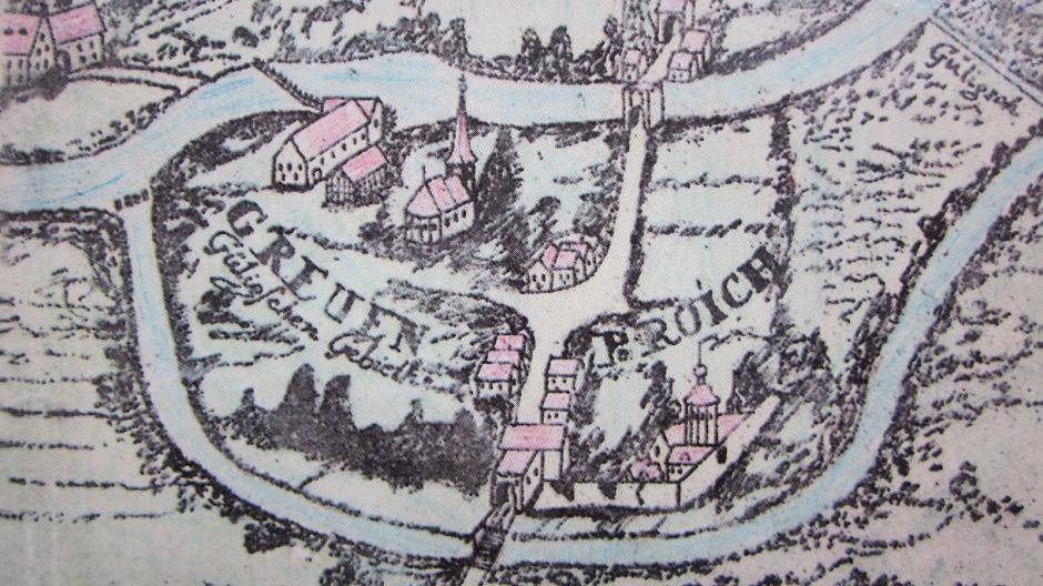  Eine Zeichnung aus dem Grevenbroicher „Besitzatlas“, der viel von der Geschichte der Stadt verrät. 