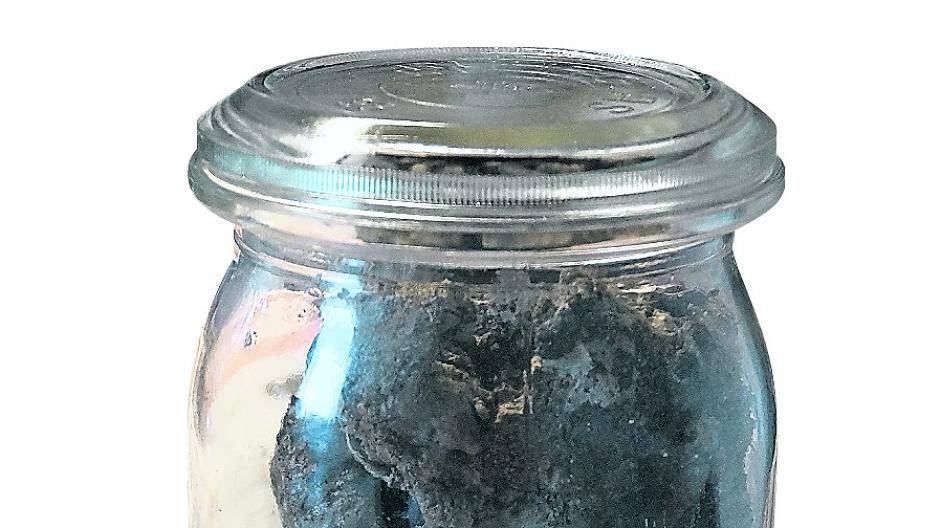  In diesem Einmach- glas brachte ein Leser Proben der „schwarz-silbernen“ Masse in die Redaktion mit. 