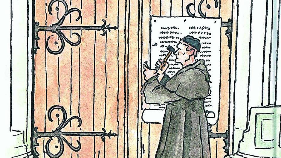  Auch Martin Luther kommt in dem dreisprachigen Büchleon zu Wort. Rechts die „Zeitmaschine“. 