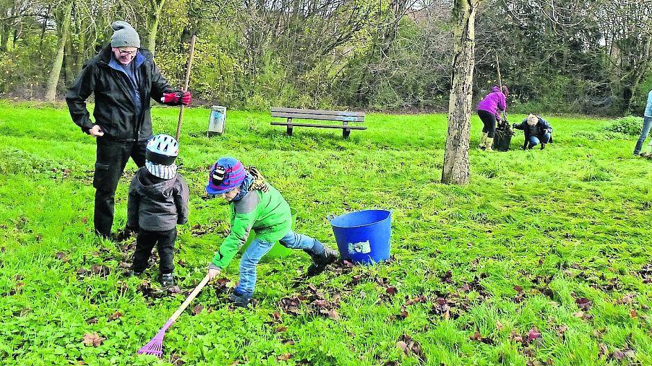  BUND-Mitglieder sammeln zusammen mit kleinen Preisterather Anwohnern das Laub unter einer Rosskastanie ein. 
