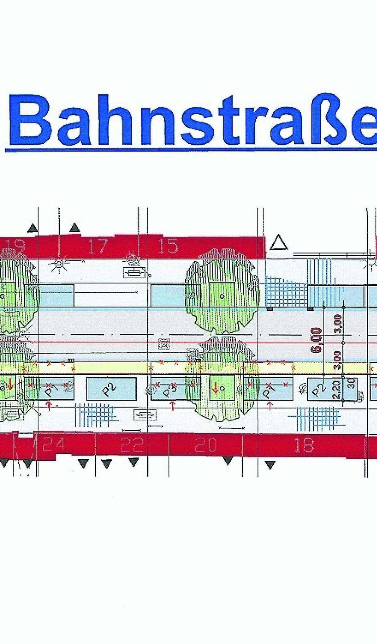  So stellt sich die CDU-Fraktion die nachträgliche Korrektur des ersten Bauabschnittes der Bahnstraße vor: Sechs statt der acht Stellplätze und die Fahrbahn um einen Meter verbreitet (gelber Streifen). Nach Schätzungen von Wolfgang Kaiser müsste die Stadt dafür noch mal 30.000 Euro in die Hand nehmen.  