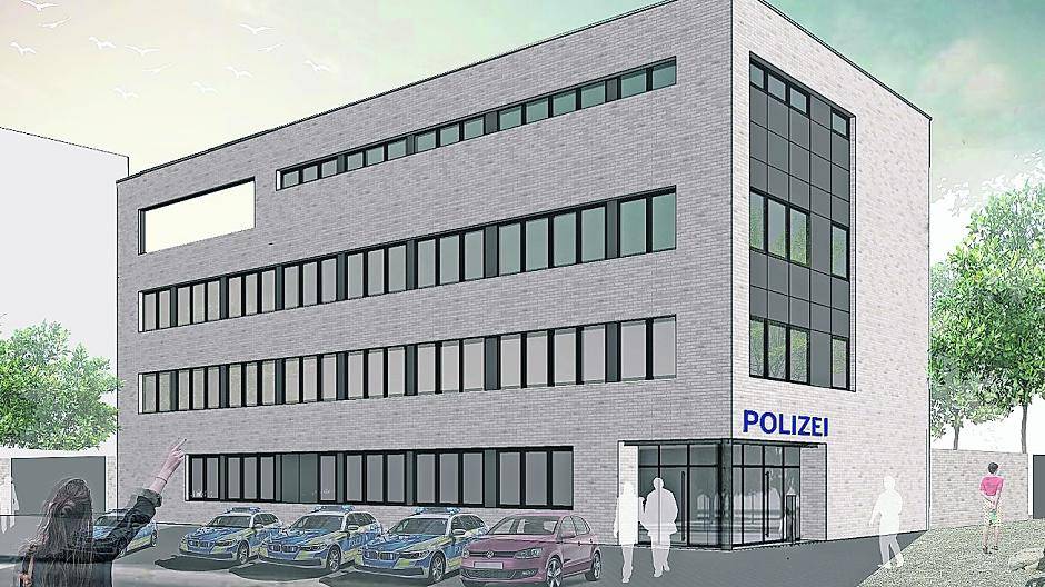  So soll die neue Polizeiwache an der Lindenstraße aussehen. Ende der Baumaßnahme ist voraussichtlich 2022. Links der aktuelle (schon gerodete) Anblick. 