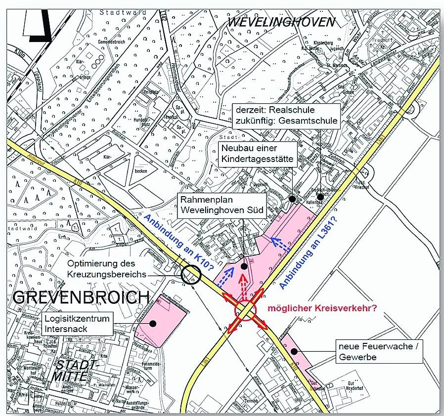  Die Skizze trägt den Titel „Erschließungsidee“. Sie macht deutlich, wie der Kreisverkehr (hier mit einem Bypass) aussehen könnte. Neben dem Baugebiet „An Mevissen“ spielen auch das geplante „Intersnack“-Logistikzentrum und die neue Feuerwache bei den Überlegungen eine Rolle. Einer zusätzlichen Anbindung an die K 10 (unterer violetter Pfeil) erteilte der Landrat bereits eine Absage.  Oben der Landrat, rechts derDezernent. 