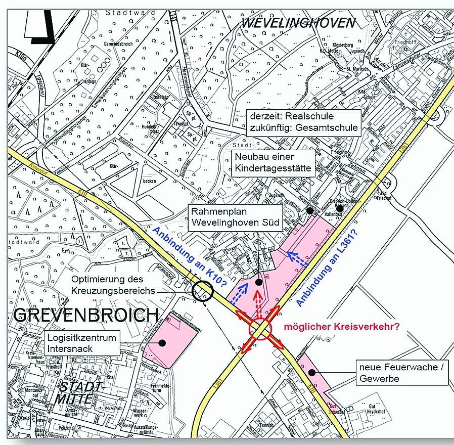 Der hier angedachte Kreisverkehr ist vom Tisch: „Es wird keinen Kreisverkehr und auch im weiteren Verlauf keine Anbindung an die L 361 geben können, weil seitens der übergeordneten Stellen keine Zustimmung und keine Kostenbeteiligung in Aussicht gestellt wurde“, lautete am Freitag Nachmittag die Stellungnahme aus dem Rathaus. Offen ist noch, ob es eine Anbindung an dieK 10 geben könnte. Hier ist der Rhein-Kreis Ansprechpartner. Wolfgang Kaiser, Vorsitzender des Planungs-Ausschusses, gibt sich allerdings auch hier nicht sehr hoffnungsfroh.