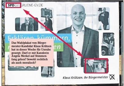  Das Wahlplakat von Bürgermeister-Kandidat Klaus Krützen hat in dieser Woche für Unruhe gesorgt: Darf er mit Kanzlerin Angela Merkel auf Stimmenfang gehen? Sowohl rechtlich als auch moralisch? 