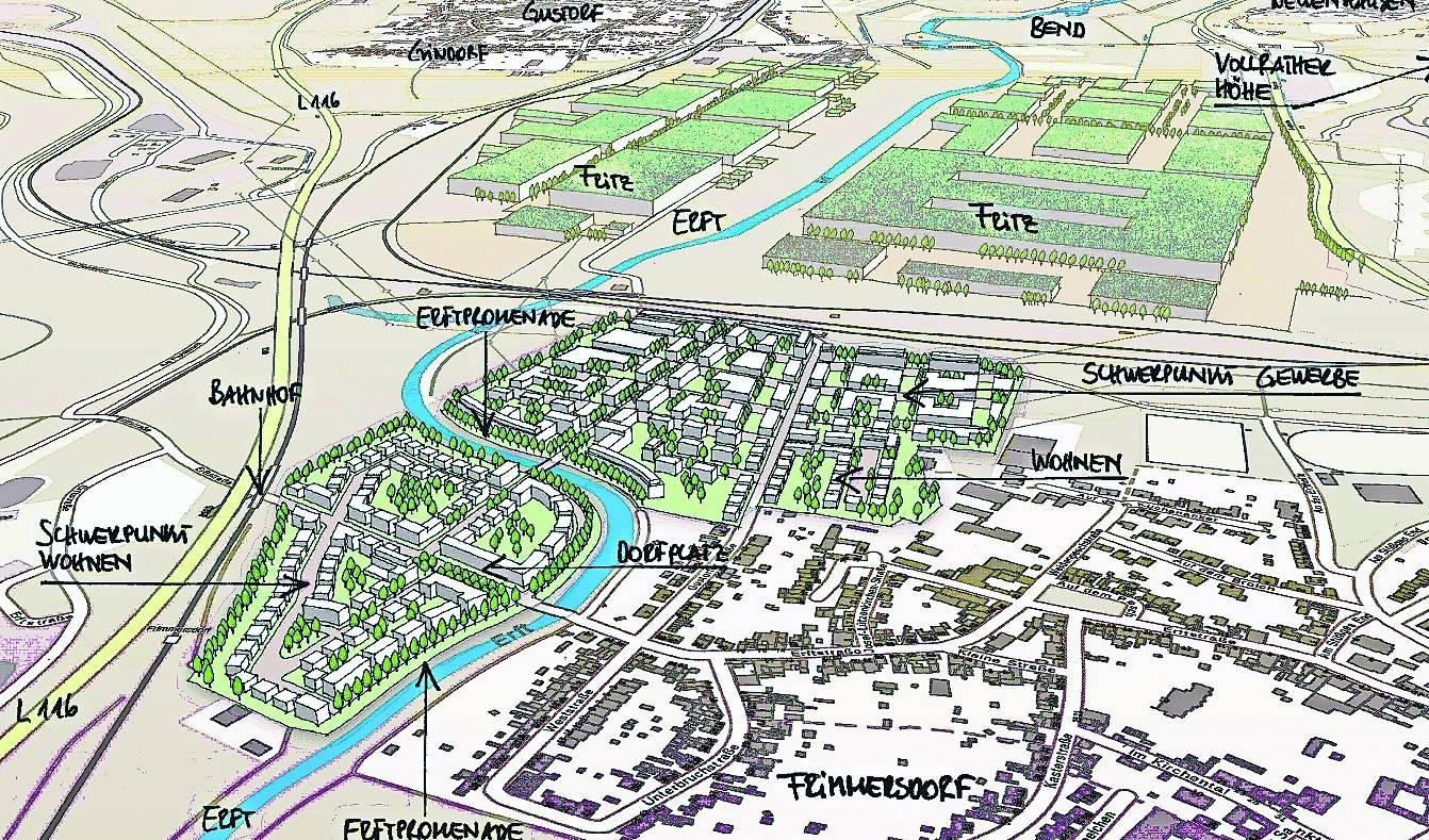 So könnte sich die „Smart Social City“ an Frimmersdorf schmiegen. Im Mittelpunkt: die Erft-Promenade. Hierfür müsste das Flüsschen wieder zugänglich gemacht werden.Vielleicht könnte der Torbogen erhalten werden und Platz für ein Restaurant geben. Für Daniel Rinkert und Klaus Krützen sind erst einmal den Ideen keine Grenzen gesetzt.