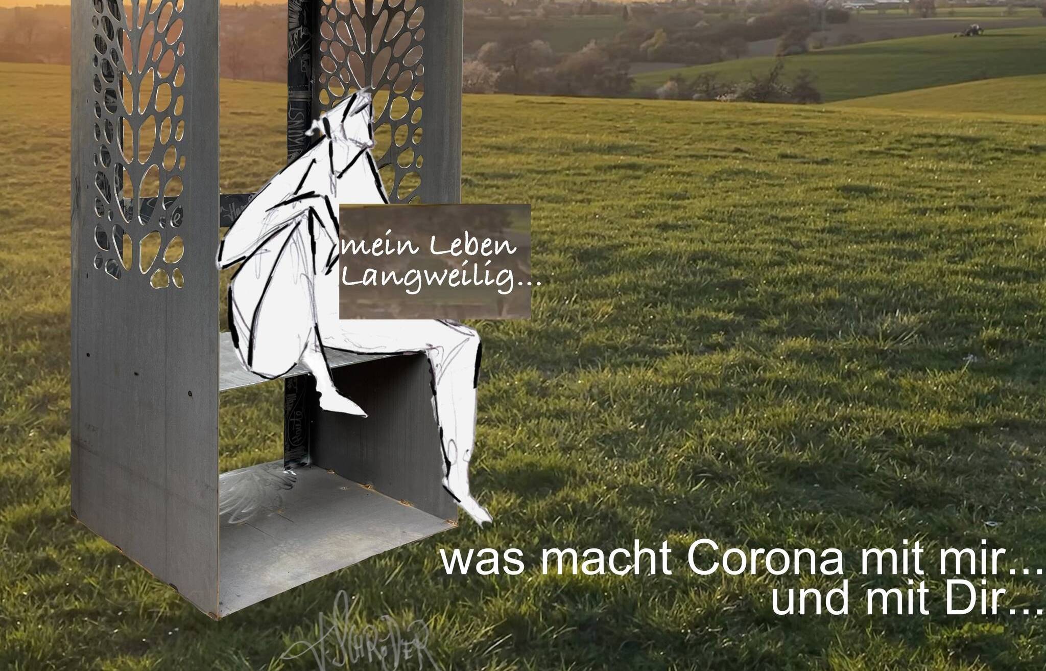  Jörg Schröder lädt auf der Klosterwiese dazu ein, in seinem „begehbaren Kunstwerk“ Platz zu nehmen, über die Frage „Was macht Corona mit Dir?“ nachzudenken und die Antwort auf eine bereitgelegte Tafel zu schreiben. Anschließend kann man ein Selfie – mit Tafel und Kunstwerk – machen und dieses dann mit Freunden oder in den sozialen Medien teilen. Absolut freiwillig, versteht sich. Dieses „freie Projekt“ soll auch ein wenig helfen, mit der Pandemie seinen Frieden zu schließen. Das Kunstwerk wird am Montag aufgebaut. 